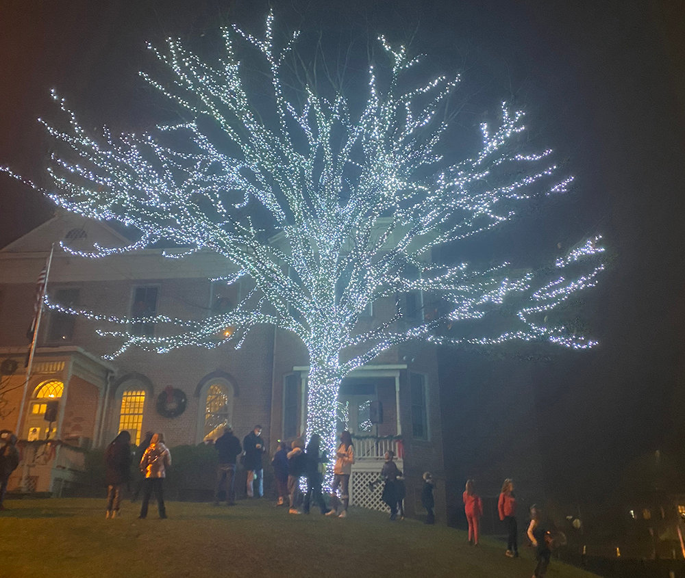 The Christmas Tree lit up in front of Montgomery Village Hall.